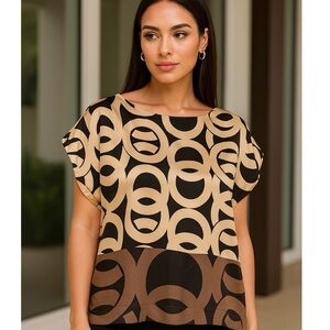 summum Woman Amsterdam Poland Top Blouse Size 36 Medium Tan Black Brown